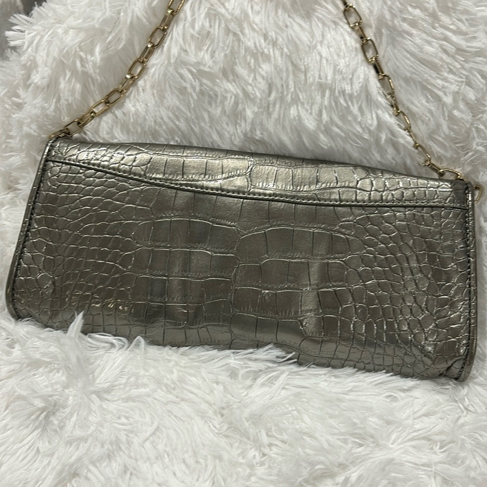 Ann Taylor LOFT Faux Alligator Clutch Pewter Metallic Chain Strap Evening Bag - Picture 5 of 11